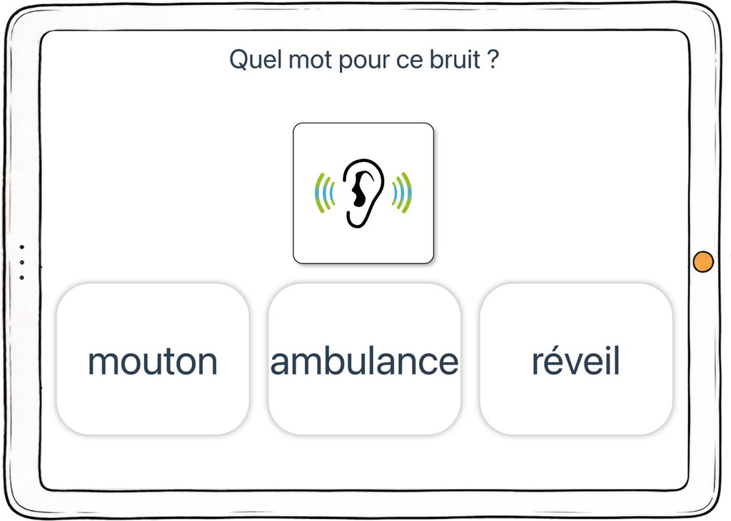 Capture d’écran de l’exercice « Quel mot pour ce bruit ? » : un son joué et trois mots au choix.