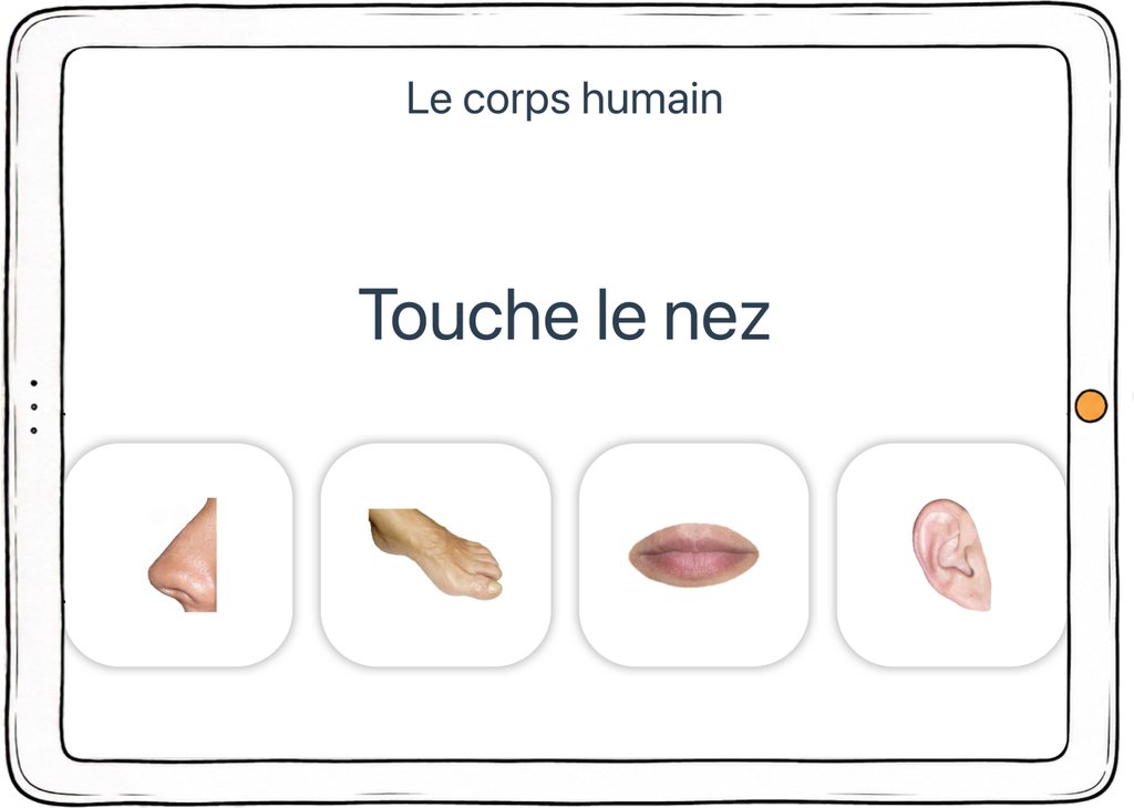 Capture d’écran de l’exercice « Le corps humain » : la consigne « Touche le nez » et quatre parties du corps en photo.