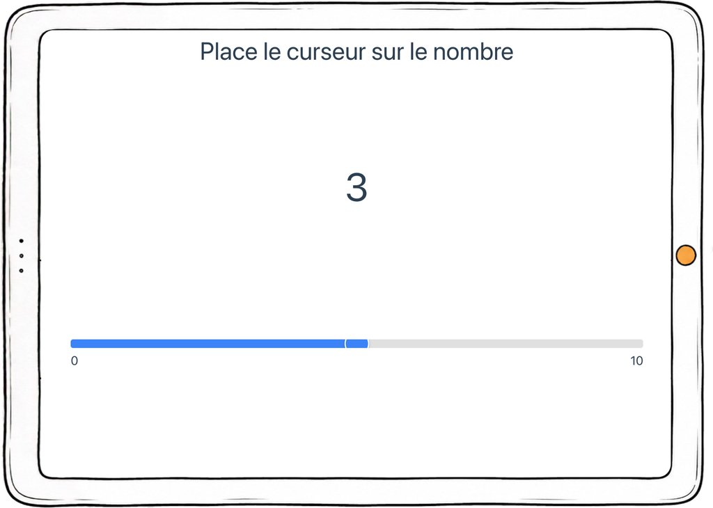 Capture d’écran de l’exercice « Place le curseur sur le nombre » : une échelle de 0 à 10 et un curseur à positionner.