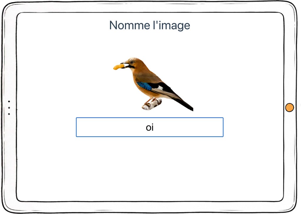 Capture d’écran de l’exercice « Nomme l’image » : un oiseau à nommer, réponse saisie au clavier.