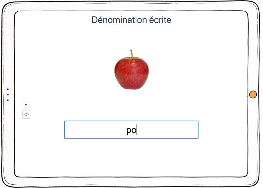 Capture d’écran de l’exercice « Dénomination écrite » : une pomme à nommer par écrit.