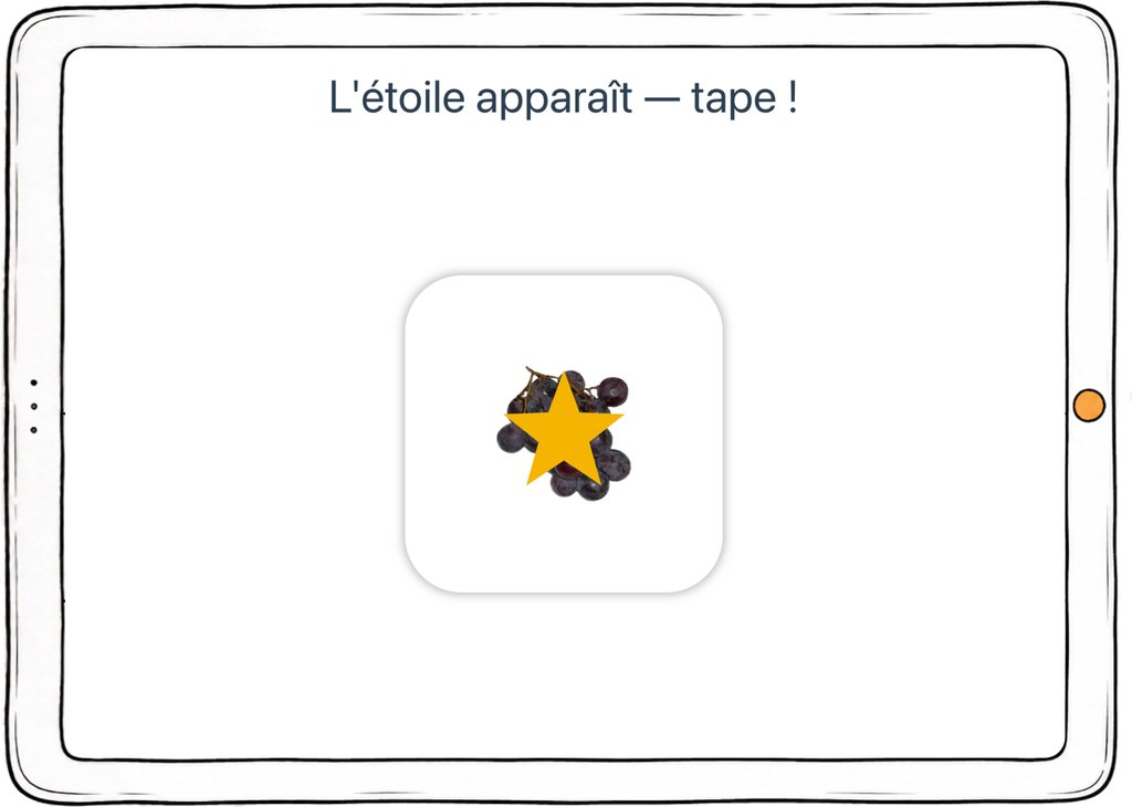 Capture d’écran de l’exercice « L’étoile apparaît — tape ! » : réagir à l’apparition de la cible, s’abstenir sinon.