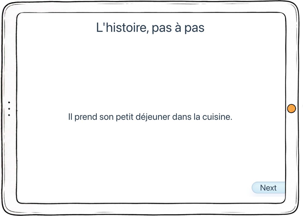 Capture d’écran de l’exercice « L’histoire, pas à pas » : un récit présenté phrase par phrase avant le rappel.