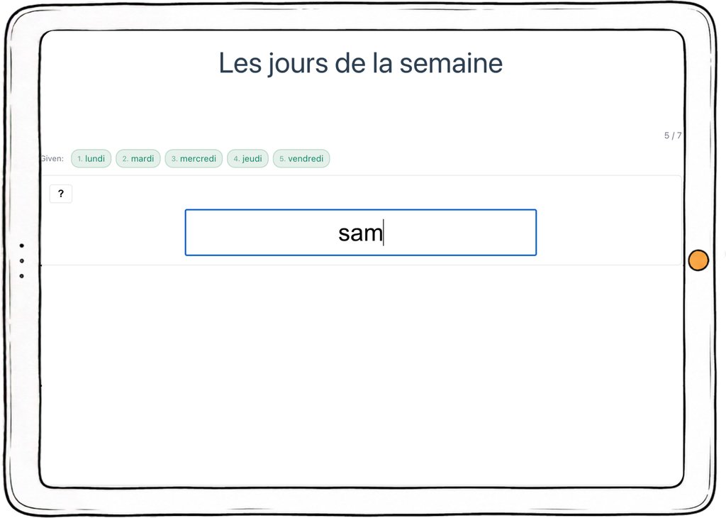 Capture d’écran de l’exercice « Les jours de la semaine » : la suite des jours à compléter.