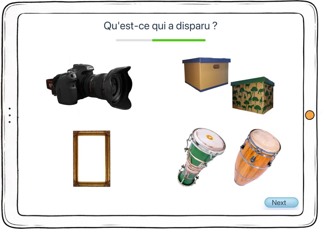 Capture d’écran de l’exercice « Qu’est-ce qui a disparu ? » : six objets photographiés dont un vient d’être retiré.