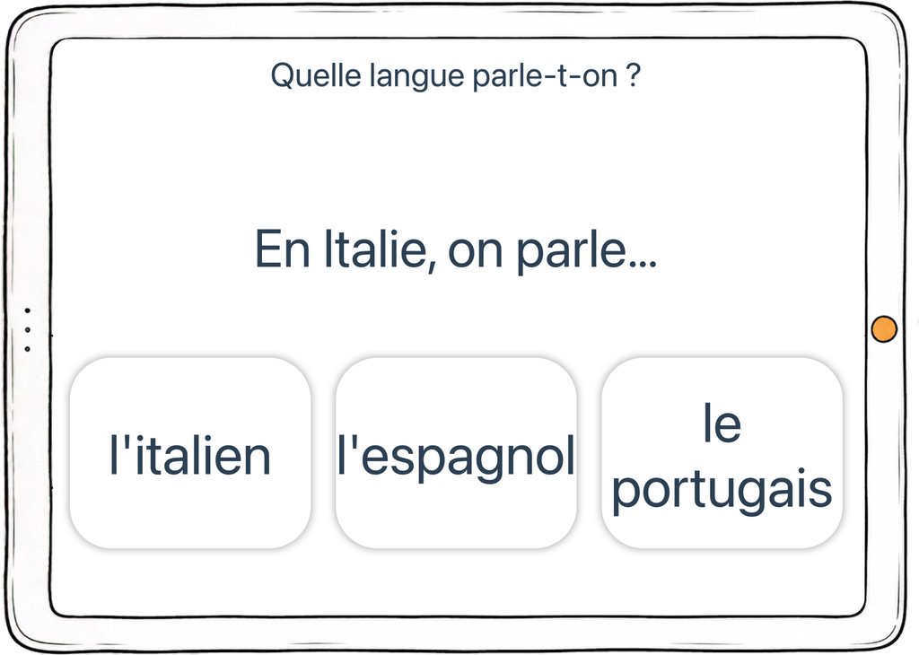 Capture d’écran de l’exercice « Quelle langue parle-t-on ? » : une question de connaissances à choix multiples.