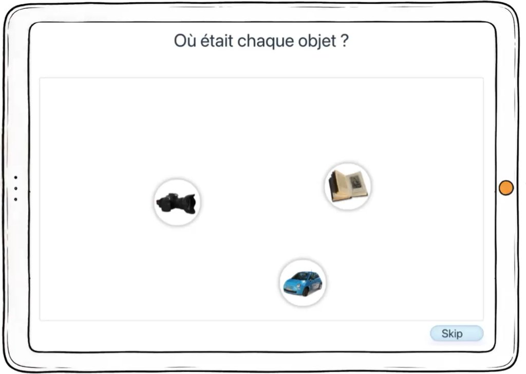 Capture d’écran de l’exercice « Où était chaque objet ? » : replacer les objets à leur position mémorisée.