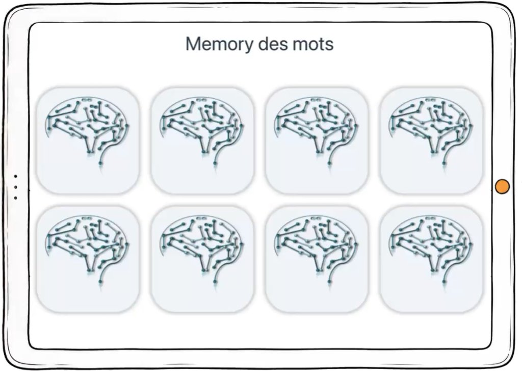 Capture d’écran de l’exercice « Memory des mots » : huit cartes retournées à apparier deux à deux.