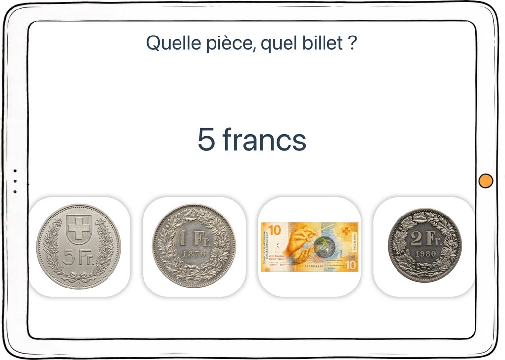 Capture d’écran de l’exercice « Quelle pièce, quel billet ? » : pièces et billet suisses à reconnaître.