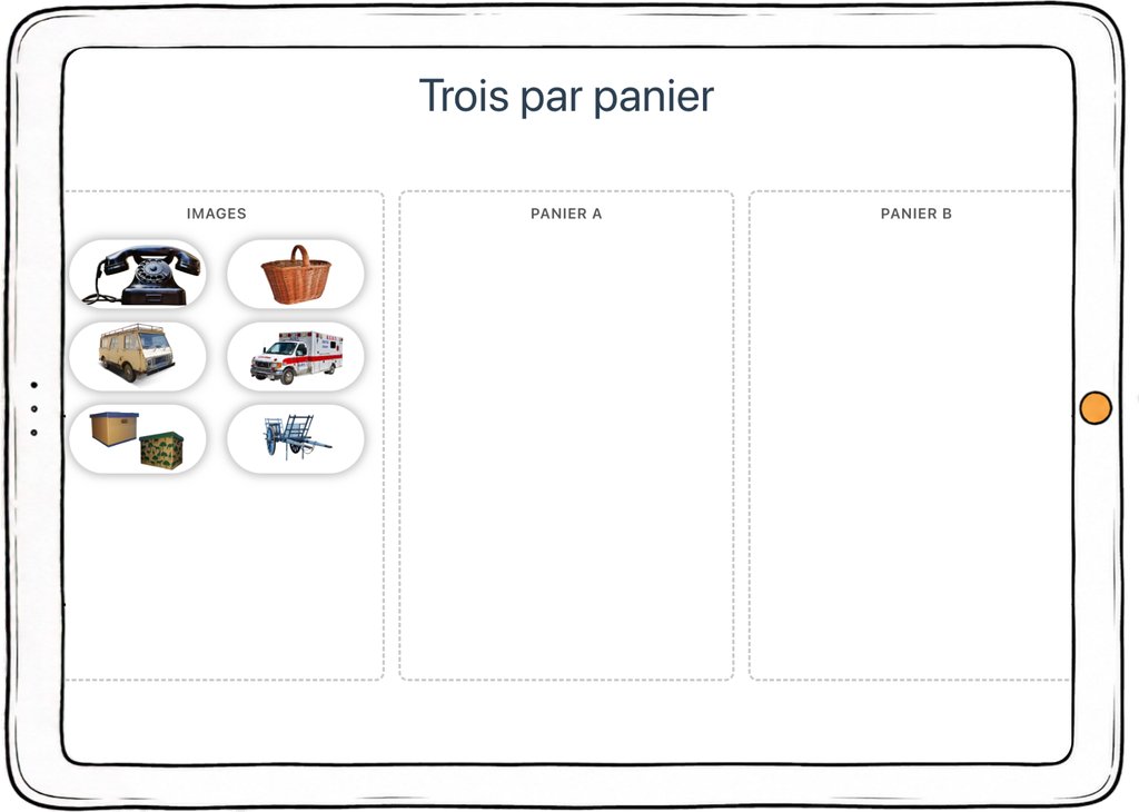 Capture d’écran de l’exercice « Trois par panier » : organiser la répartition d’objets du quotidien.