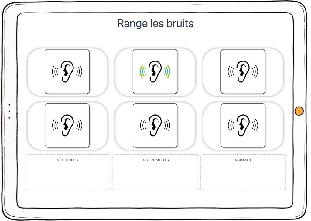Capture d’écran de l’exercice « Range les bruits » : des sons à classer entre véhicules, instruments et animaux.