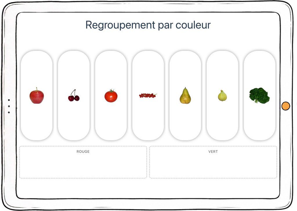 Capture d’écran de l’exercice « Regroupement par couleur » : fruits et légumes à ranger entre rouge et vert.