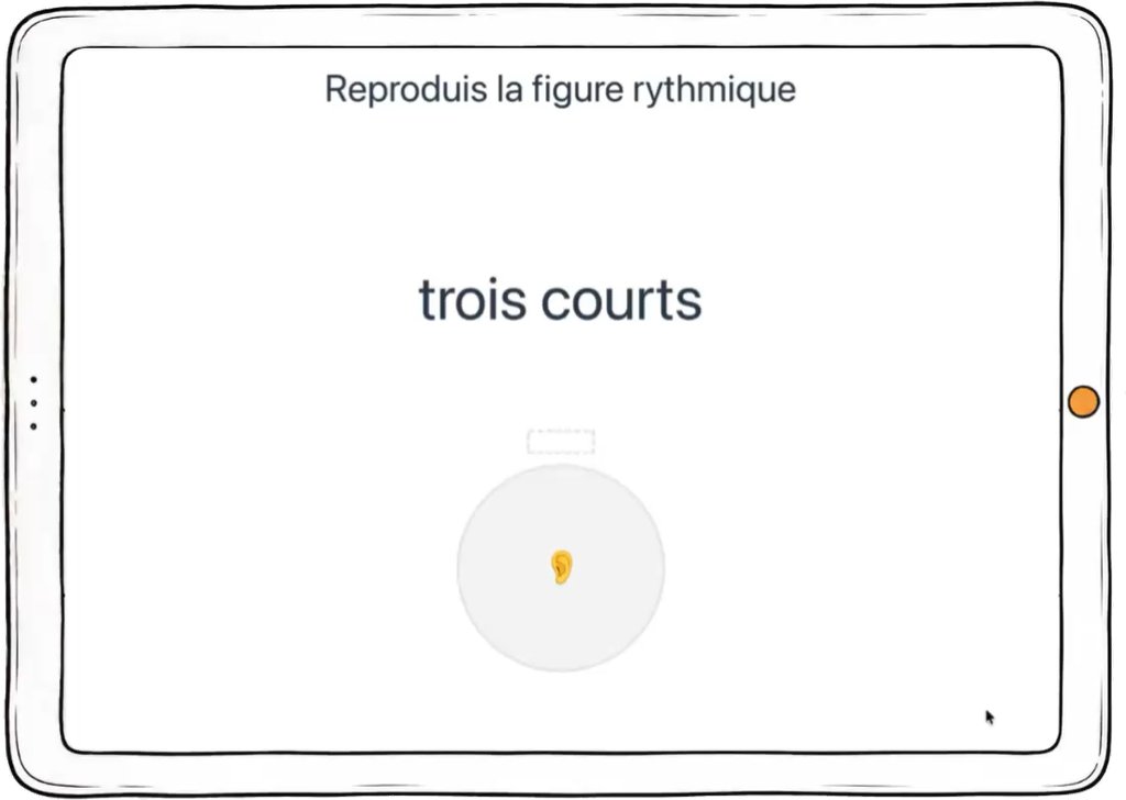 Capture d’écran de l’exercice « Reproduis la figure rythmique » : une consigne rythmique à taper sur la pastille.