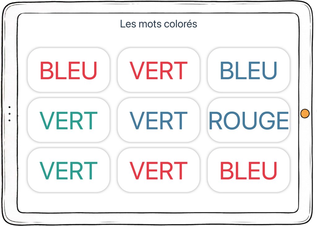 Capture d’écran de l’exercice « Les mots colorés » : des noms de couleurs écrits dans une encre différente de leur sens.