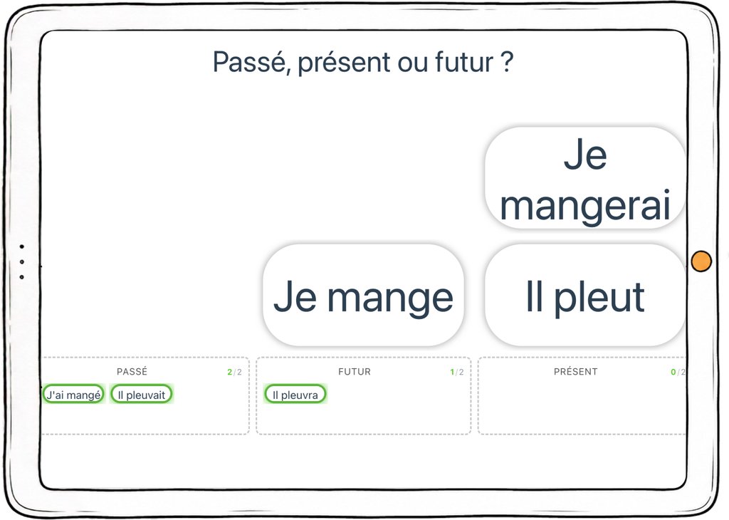 Capture d’écran de l’exercice « Passé, présent ou futur ? » : des phrases à classer selon leur temps.