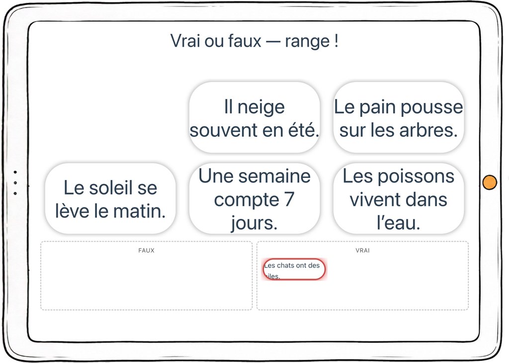 Capture d’écran de l’exercice « Vrai ou faux — range ! » : des affirmations à trier selon leur vraisemblance.