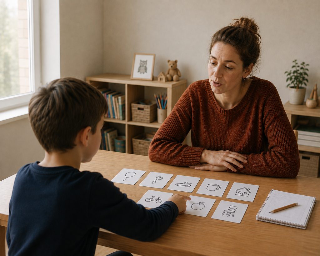 Image d’illustration : une praticienne et un enfant, assis à une table, travaillent sur une série de cartes-images étalées devant eux.