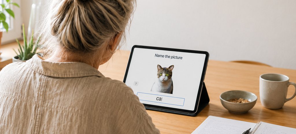 Illustrative image: at her own table, an older woman answers a naming exercise on a tablet. The screen shows the prompt “Name the picture”, a photograph of a cat, and the first letters of the word being typed.