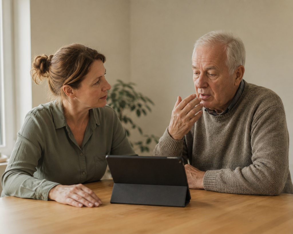 Image d’illustration : une praticienne écoute un homme âgé qui cherche un mot ; entre eux, une tablette sur son support.